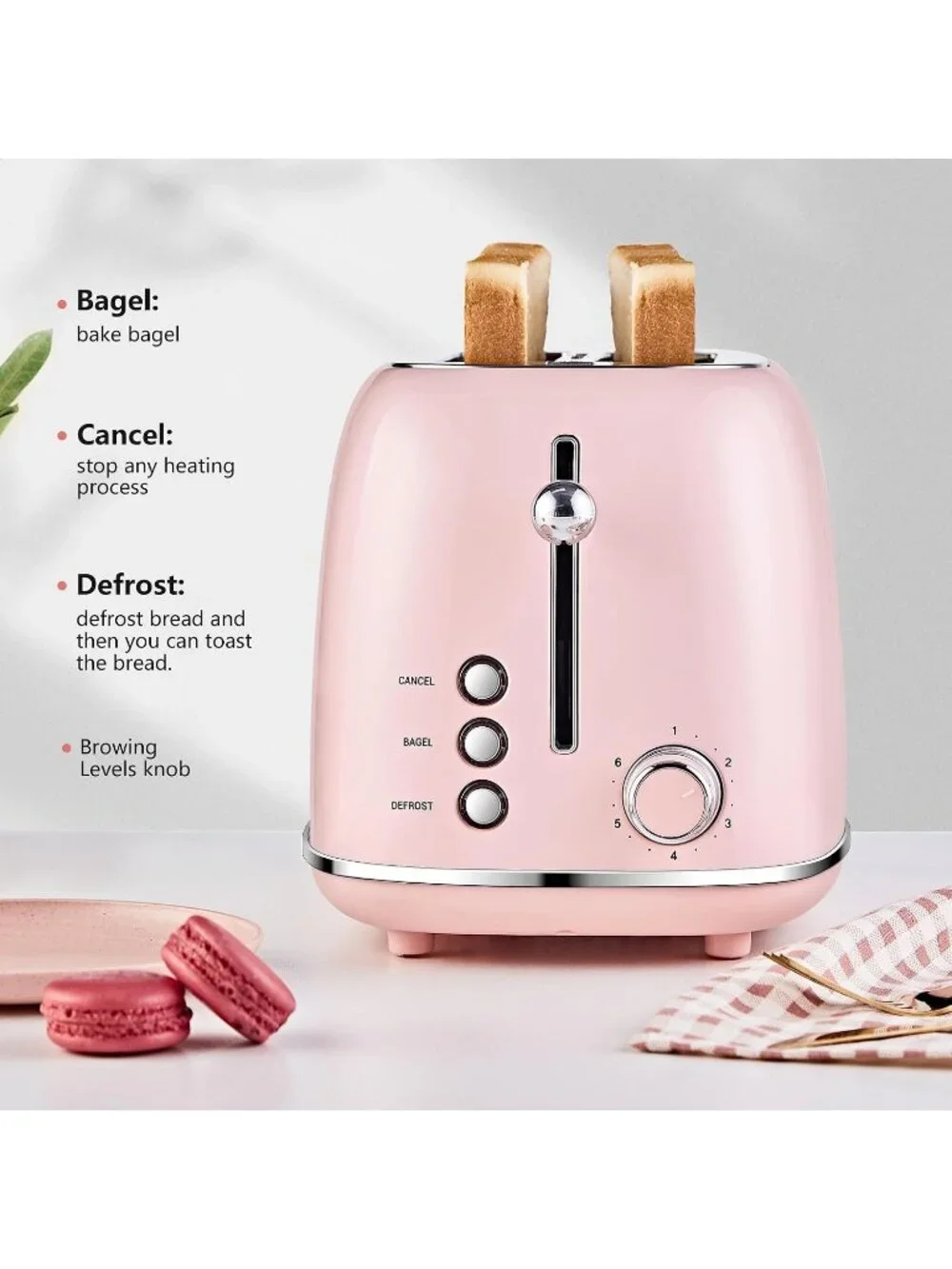 2 Slice Pink Retro Stainless Steel with Bagel Defrost Functions Tray Toaster